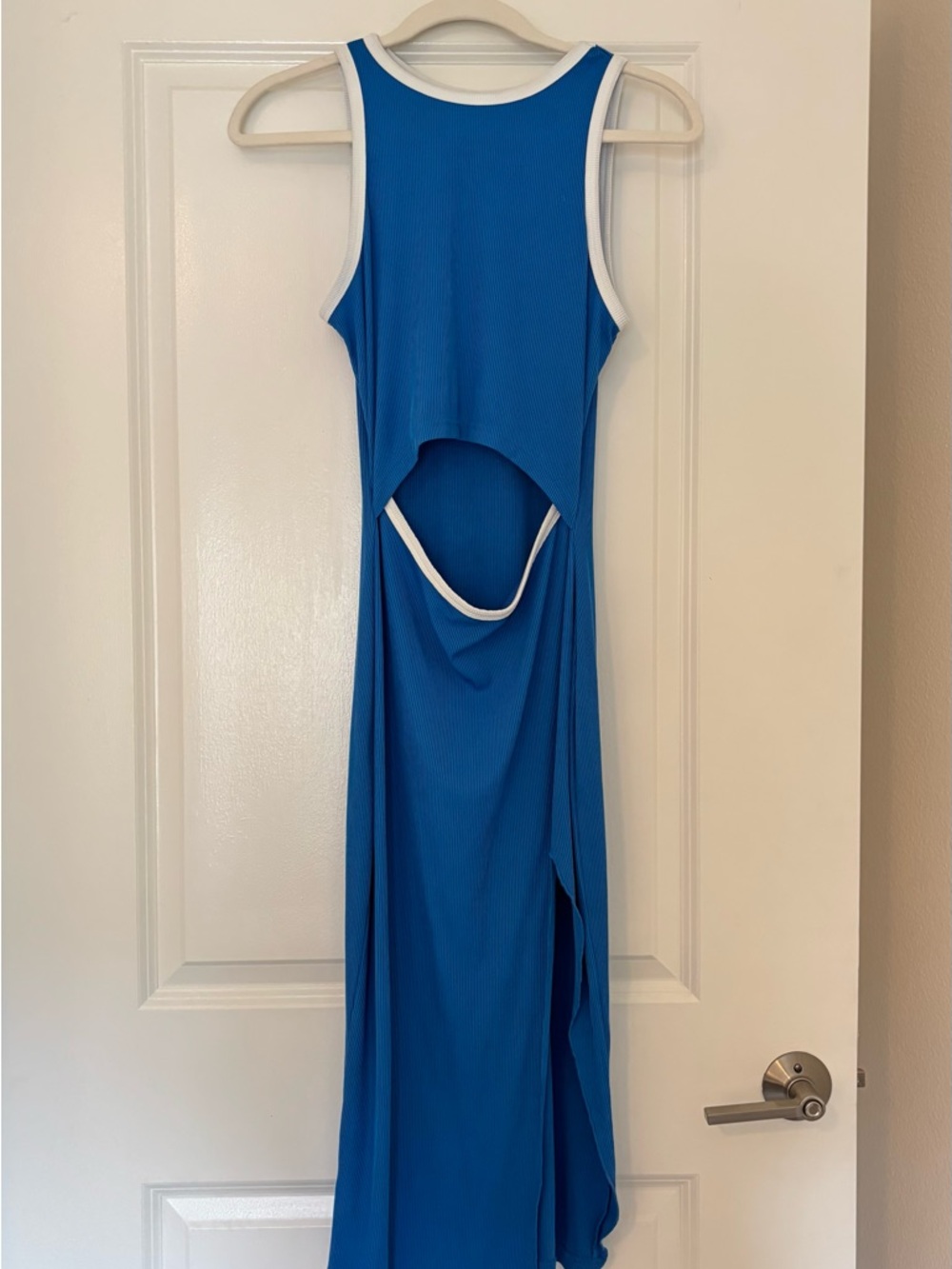 Blue Sleeveless Cutout Maxi Dress with White Trim and Slit